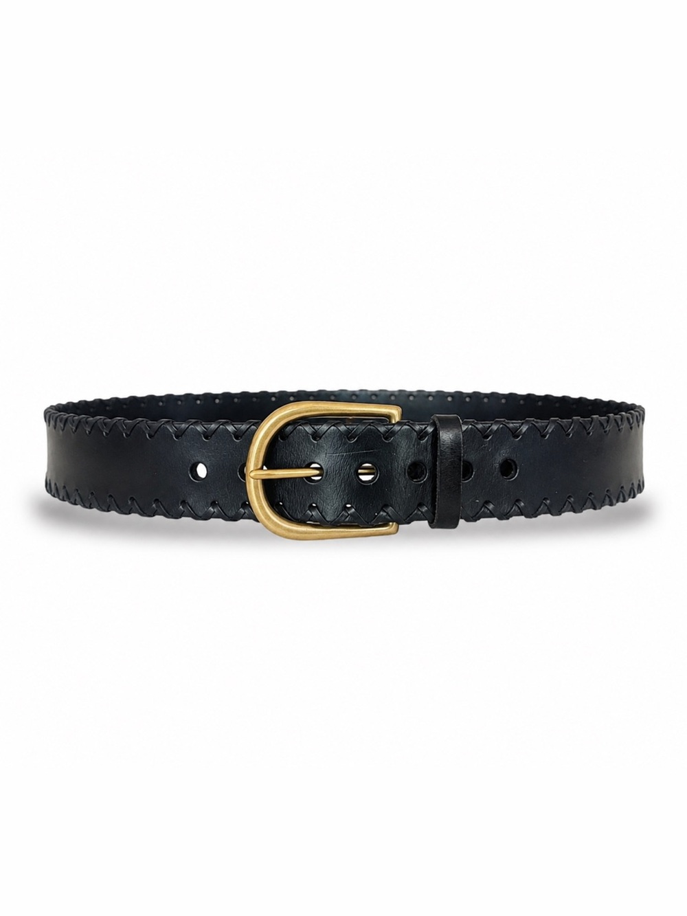 Black leather whip-stitched belt - Size Small with brass buckle